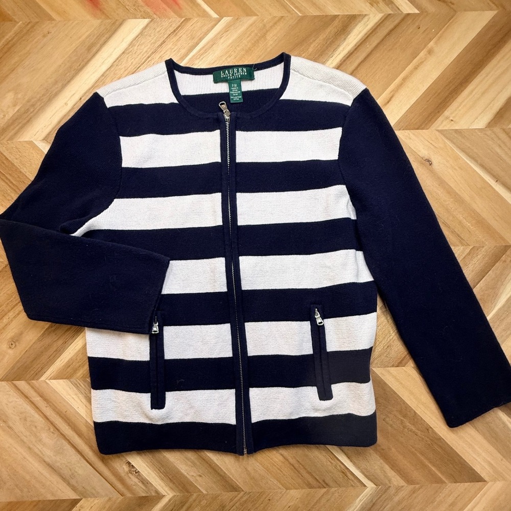 Ralph Lauren Navy White Stripe Zip Up Cardigan Sweater Womens PM Nautical Preppy